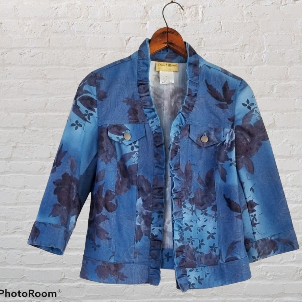 Olivia & Martin open front 3/4 sleeve abstract floral print Jean Jacket, Size  S
